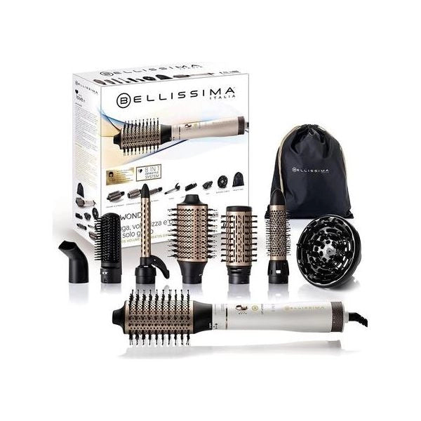 Bellissima imetec air wonder, spazzola ad aria calda, tecnologia a ioni, spazzole rivestite in ceramica e cheratina, asciuga, dona volume, 8 accessori, 1000 w - 11847