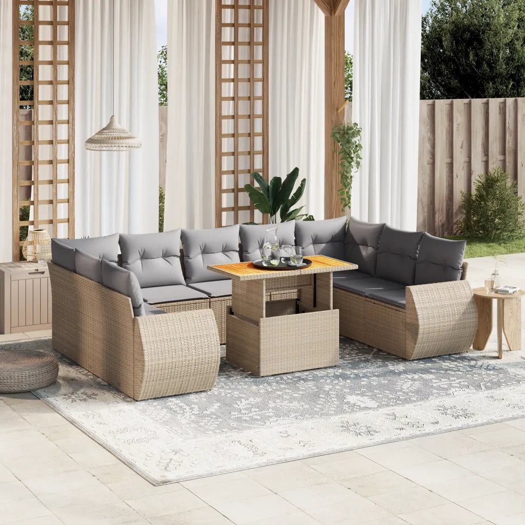 Set Divano da Giardino 10 pz con Cuscini Beige in Polyrattan