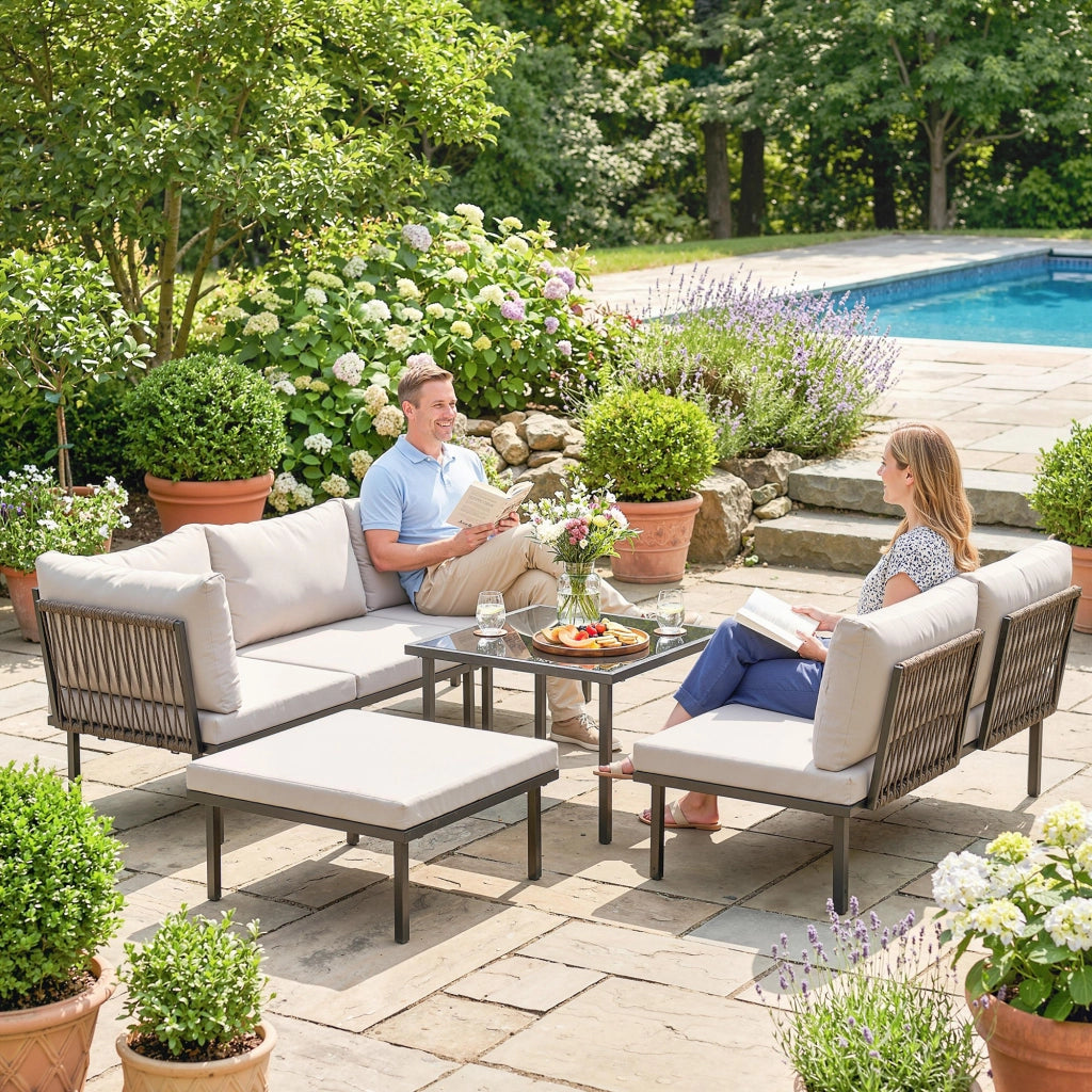 Set Divano Angolare Giardino 6 Posti con Cuscini ¨C Minimal ¨C Grigio Chiaro Metallo