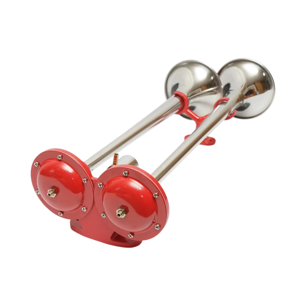 Clacson a 2 trombe rosso 12V/24V per compressore d’aria.