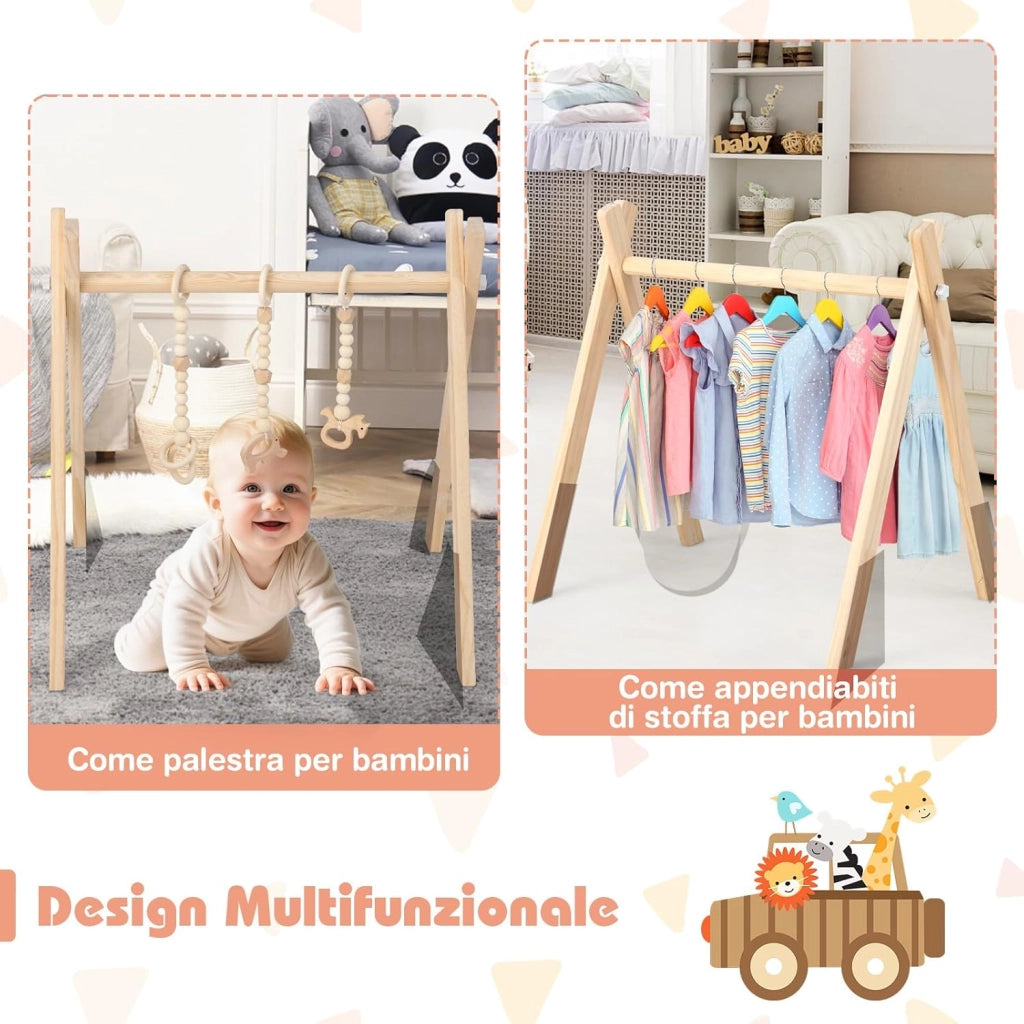 Palestrina per Bambini, Palestrina con Giocattoli per Dentizione Sviluppo Cerebrale Stimolazione Sensoriale, Pieghevole, in Legno, per Bambini 3+ Mesi (Naturale(1))