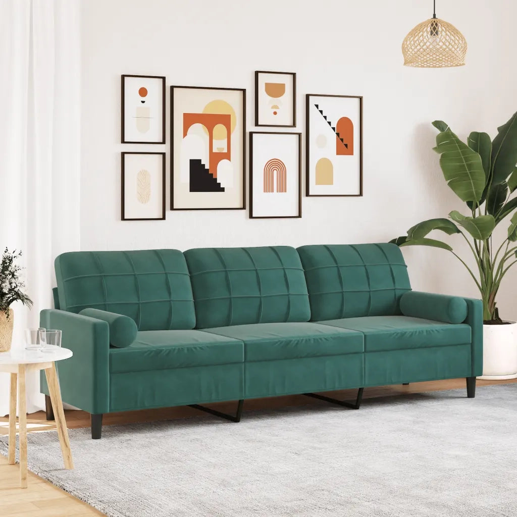 Divano a 3 Posti con Cuscini Verde Scuro 210 cm in Velluto