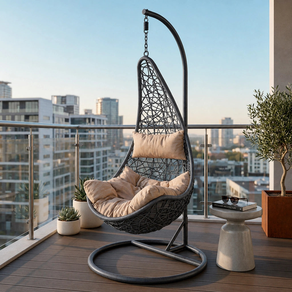 Poltrona Sospesa Da Giardino Con Seduta In Polyrattan Struttura Autoportante In Metallo Cuscino Con Poggiatesta Beige Arredo Outdoor Terrazza Balcone E Veranda 105 X 195 Cm Nero