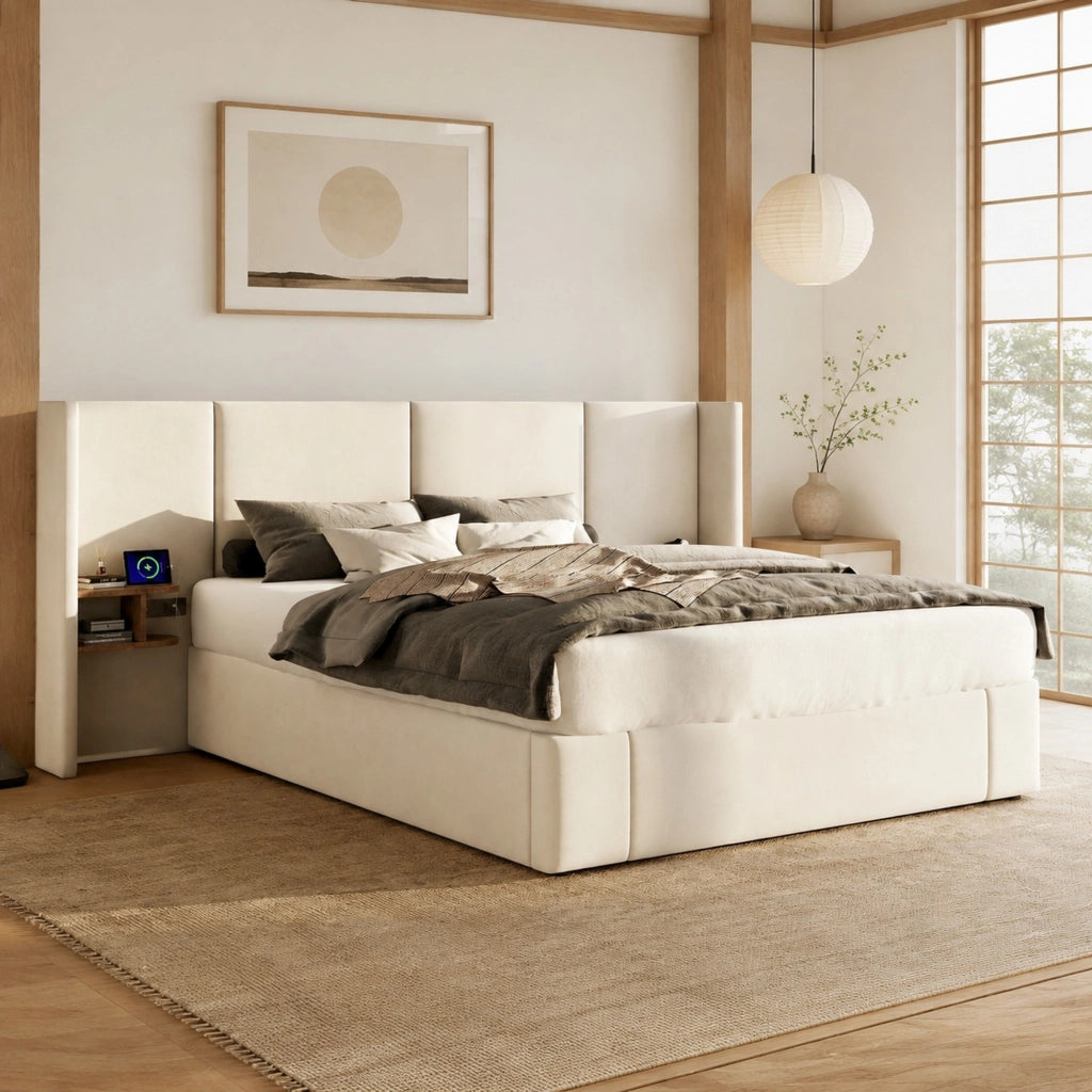 Letto contenitore 160x200 cm in velluto beige con 2 comodini, USB-A/USB-C e prese