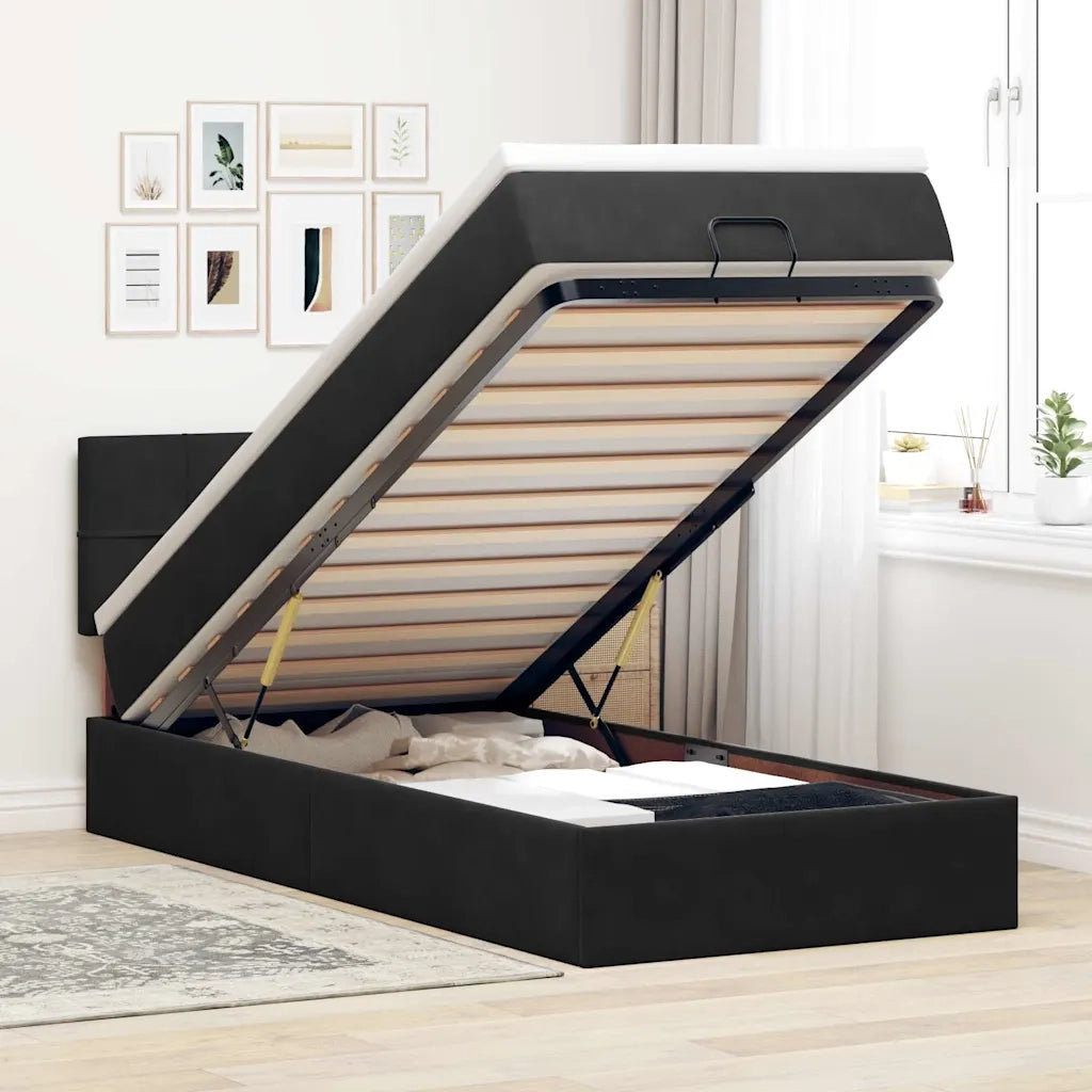 Struttura Letto Pouf con Materasso Nero 90x200 cm in Velluto 3312598