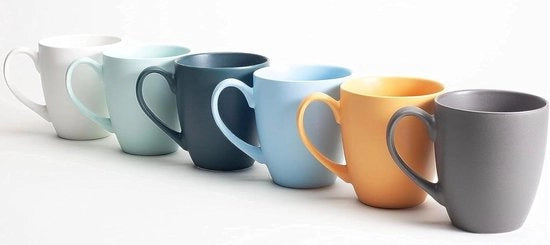 Set di tazze da caffè da 6 - 360 ml - Cottura a forno massello - Grande bocchetta - Tazze da caffè - Caffè e tè - Grande bicchiere - Resistenti al lavastoviglie - Moderno - Set di tazze da caffè da 6 colori.