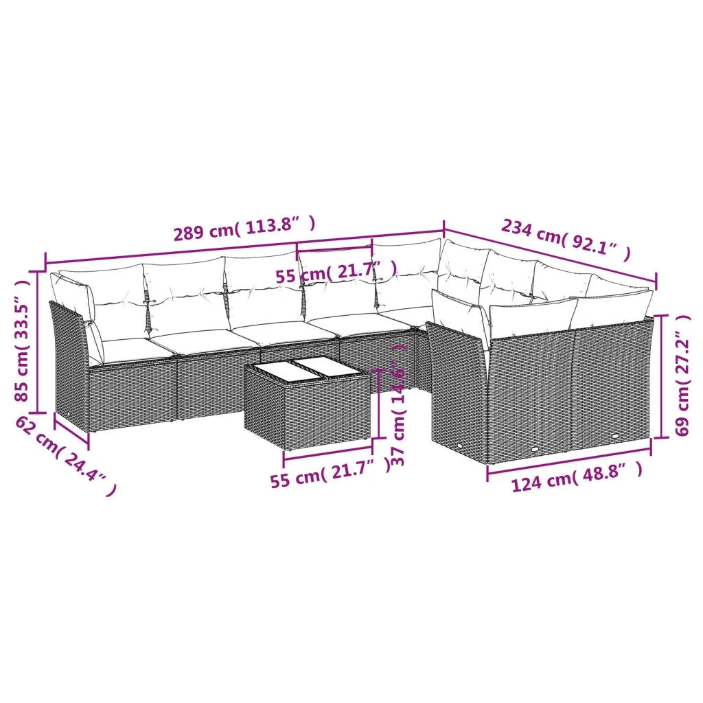 Set Divano da Giardino 10 pz con Cuscini Grigio in Polyrattan 3218180