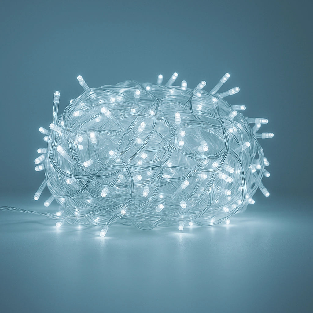 Luci Led per albero di natale decorazione con 8 giochi luce da 10/20/30/50 metri colori misti certificate IP65 prolungabile LUNGHEZZA: 50 mt - 500 led, COLORE LED: BIANCO FREDDO