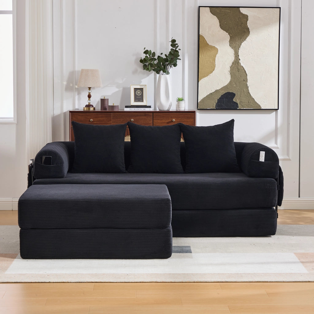 Divano Modulare con Pouf ¨C MINIMAL ¨C Tessuto a Coste, Cuscini, Nero
