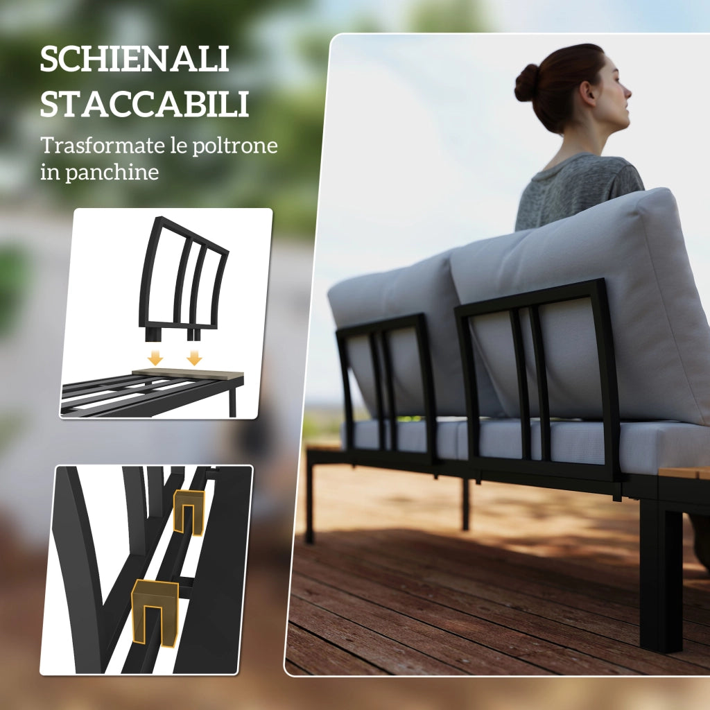 Set da Giardino 4 Pezzi con Divanetti e Tavolini ¨C zephmum ¨C Metallo, Legno Composito, Grigio Nero e Teak
