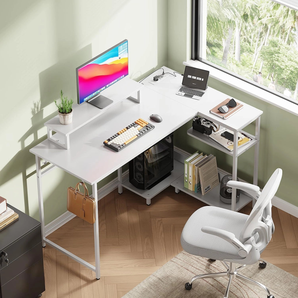 Scrivania Angolare Gaming con LED RGB ¨C Zephmum ¨C 122x80 cm Bianco Rovere