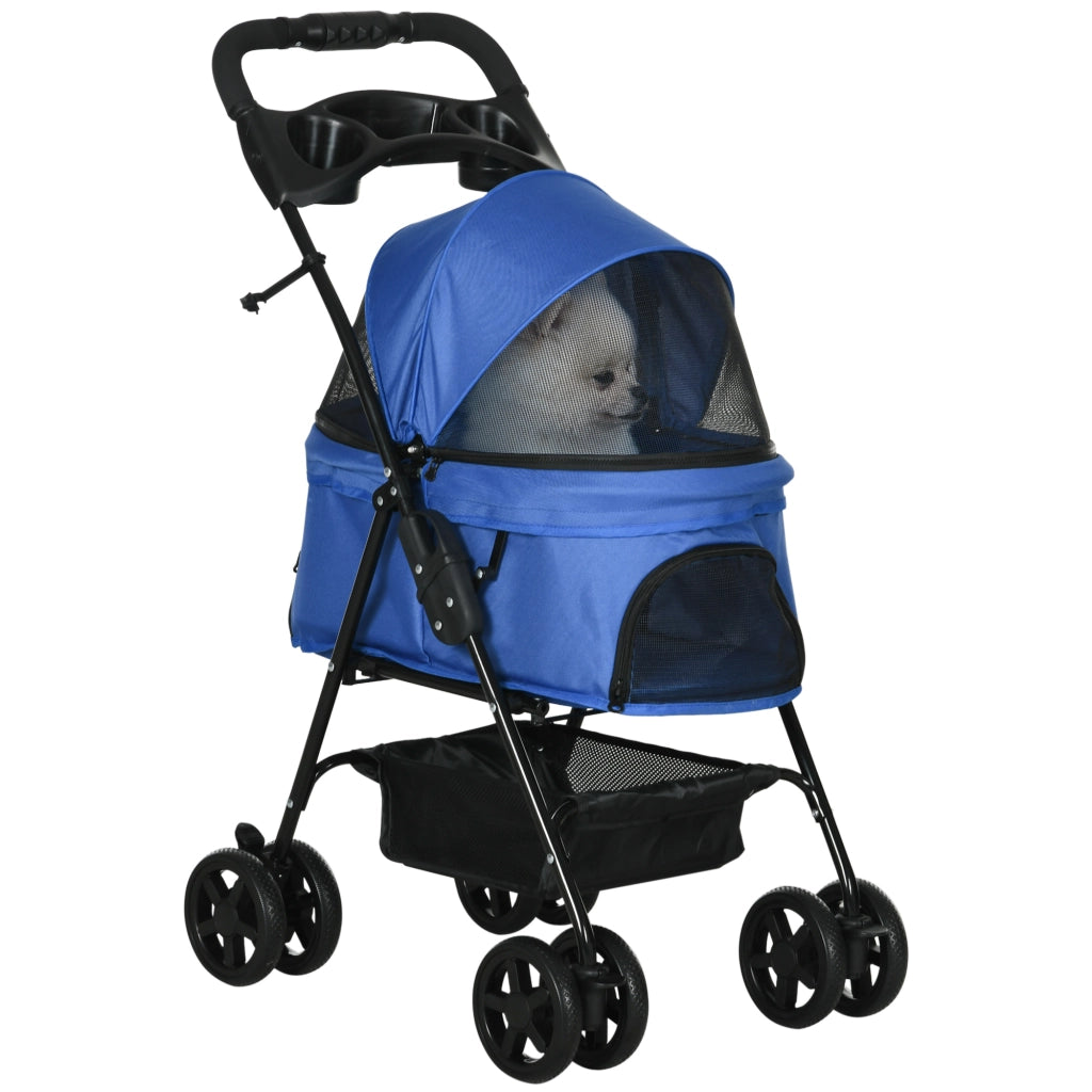 Passeggino per Cani Pieghevole con Guinzaglio di Sicurezza e Cestino Portaoggetti, Blu