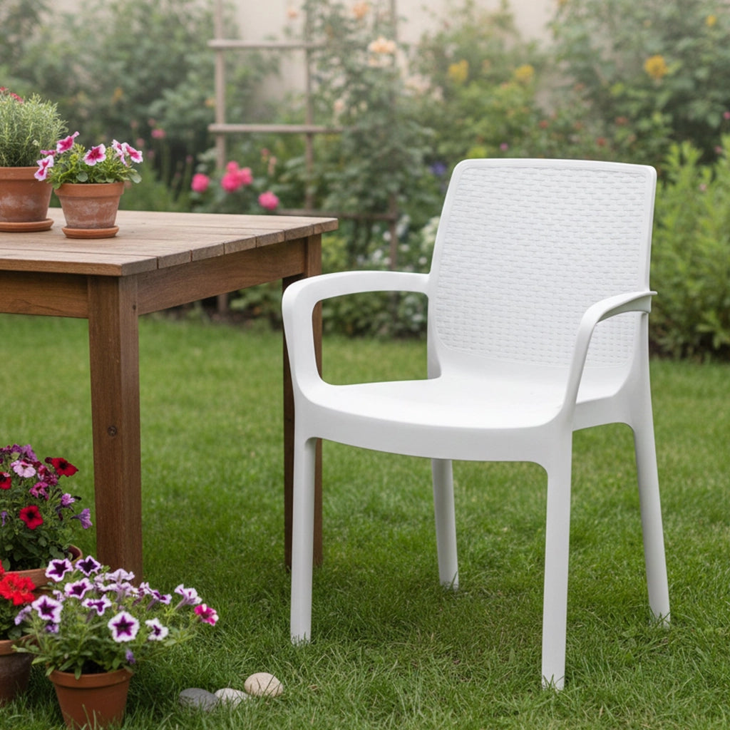 Sedia da esterno Asha, Seduta da giardino, Sedia per tavolo da pranzo, Poltrona outdoor effetto rattan, 100 % Made in Italy, Cm 54x60h82, Bianco
