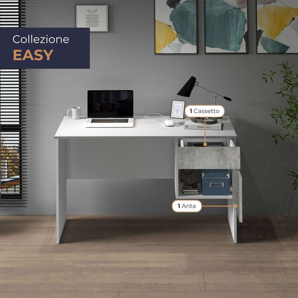 WHOUS Scrivania Easy 1 anta e 1 cassetto bianco opaco e cemento 110x50x75 cm