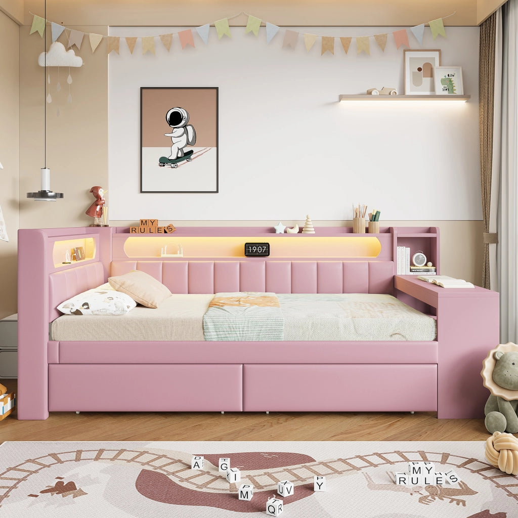 Daybed imbottito 90x200 rosa con USB; LED; scrivania e 2 cassetti
