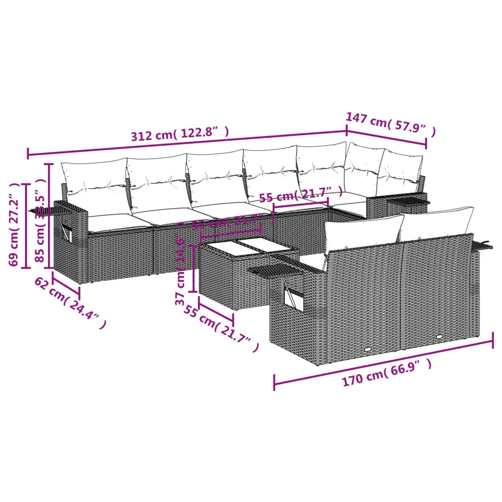 Set Divano da Giardino 9 pz con Cuscini Grigio in Polyrattan 3252767