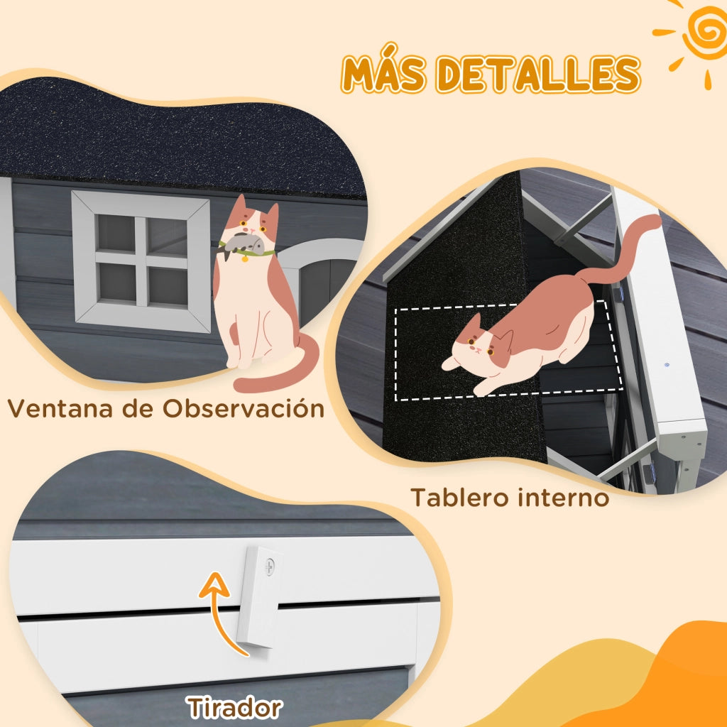 Casetta per Gatti in Legno ¨C Xylo ¨C Tetto Apribile 3 Porte Finestra Esterno 77x57,5x68cm Grigio Nero