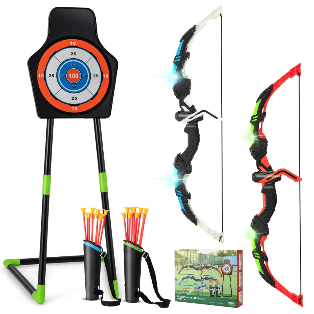 Set di 2 archi e frecce per bambini dai 3 anni in su, Set di giocattoli con arco frecce LED con 20 frecce a ventosa