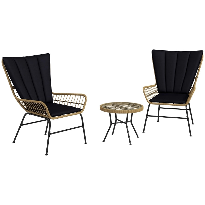 OKWISH Set da 3 Sedie da Giardino con 2 Poltrone, Tavolino Rotondo, Cuscini e Rattan Nero