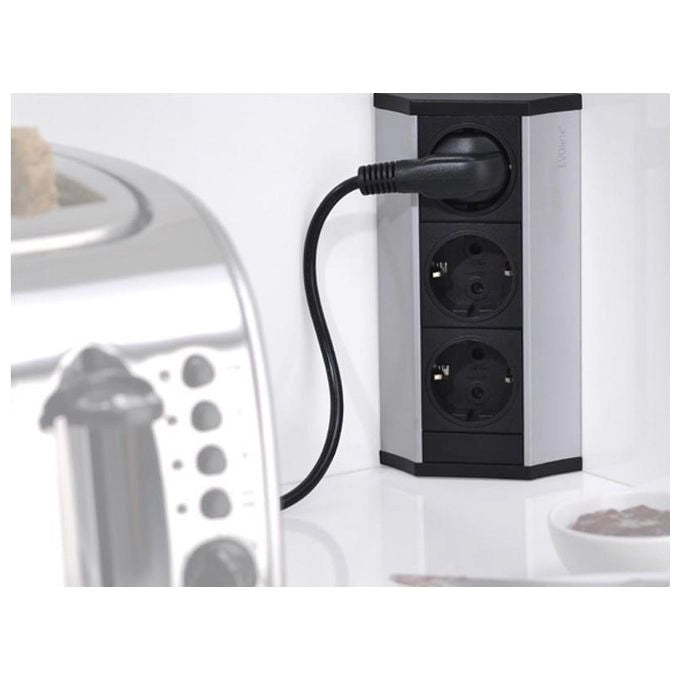 EVOline 159360001300 V-Dock Cuisine Multipresa 3 prese Schuko 2,5 m cavo alluminio anodizzato con finiture nere colore Argento Nero