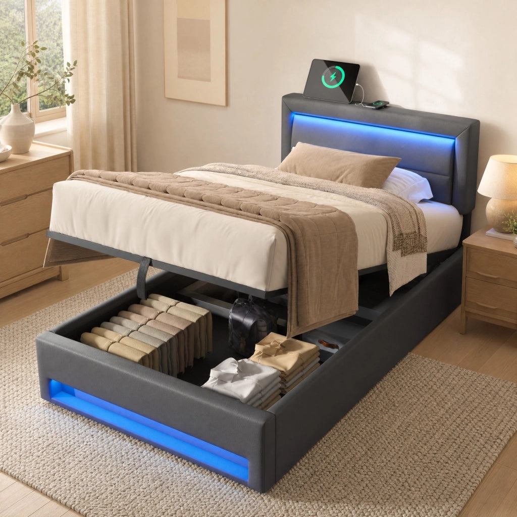 Letto imbottito con USB, LED e contenitore, 90 x 190 cm, grigio