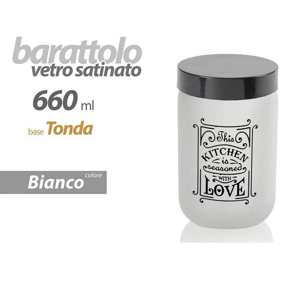 Trade Shop - Barattolo Contenitore Vetro Bianco Love Moderno Satinato Tonda 660ml 14x9cm 833458 -