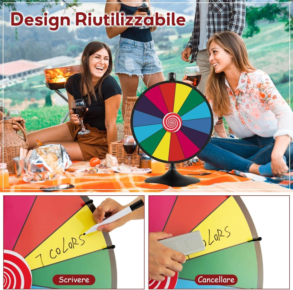 24'' Gioco Ruota Personalizzabile, 2 in 1 Ruota della Fortuna da Terra o Tavolo, Altezza Regolabile, con Pennarello Cancellabile e Cancellino, Ruota Fortuna per Fiera Carnevale Feste
