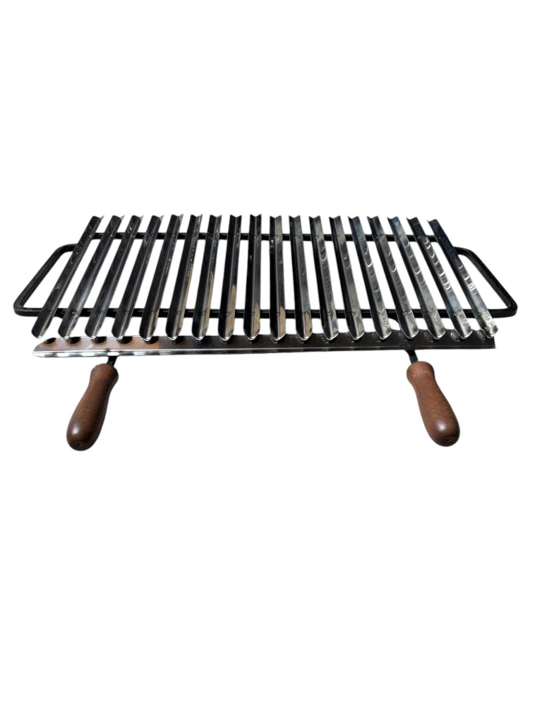 Griglia Scorrevole per Barbecue in Acciaio Inox, con Manici in Legno, Sistema Recupera Grassi, Made in Italy 78x35 cm