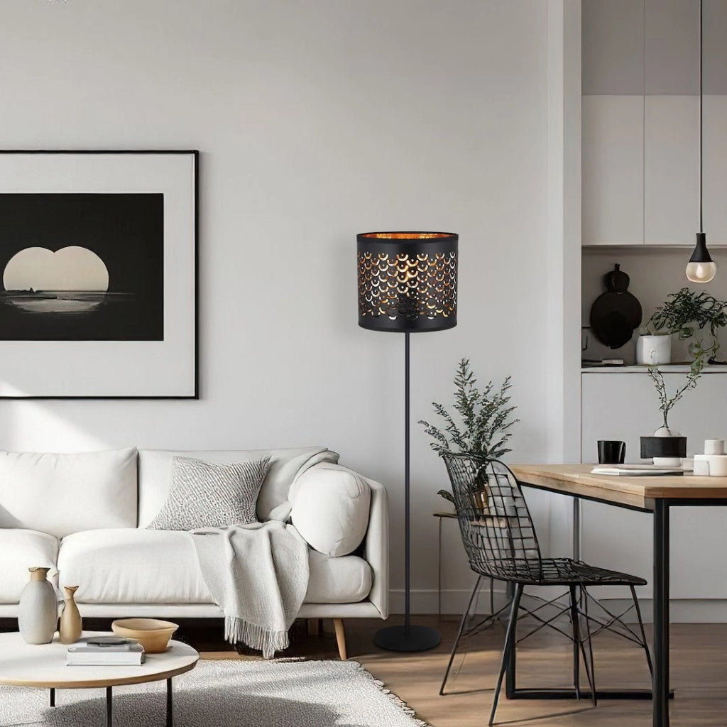 Lampada da terra MORGAN nero-oro, paralume ovale E27