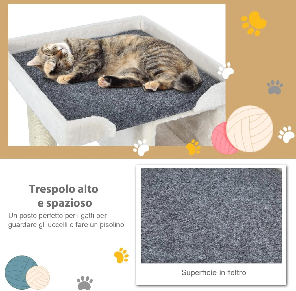 Tiragraffi per Gatti Piccoli, Tiragraffi Gatto con Cuccia, Piattaforme, Pallina e Tiragraffi in Sisal, Albero Tiragraffi in Legno da Divano, Salotto e Camera da Letto, 42 x 42 x 80 cm