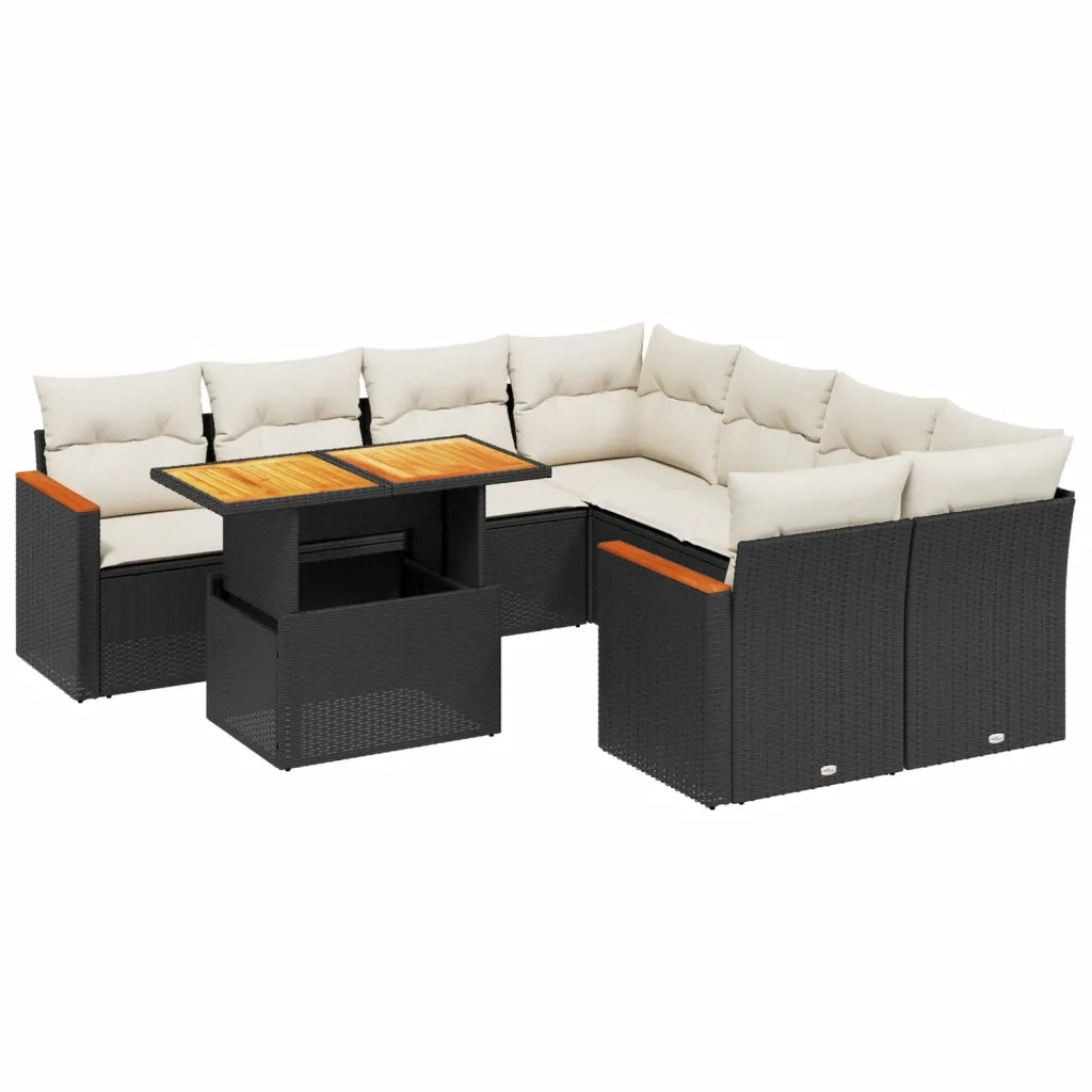 Set Divani da Giardino 9 pz con Cuscini Nero in Polyrattan