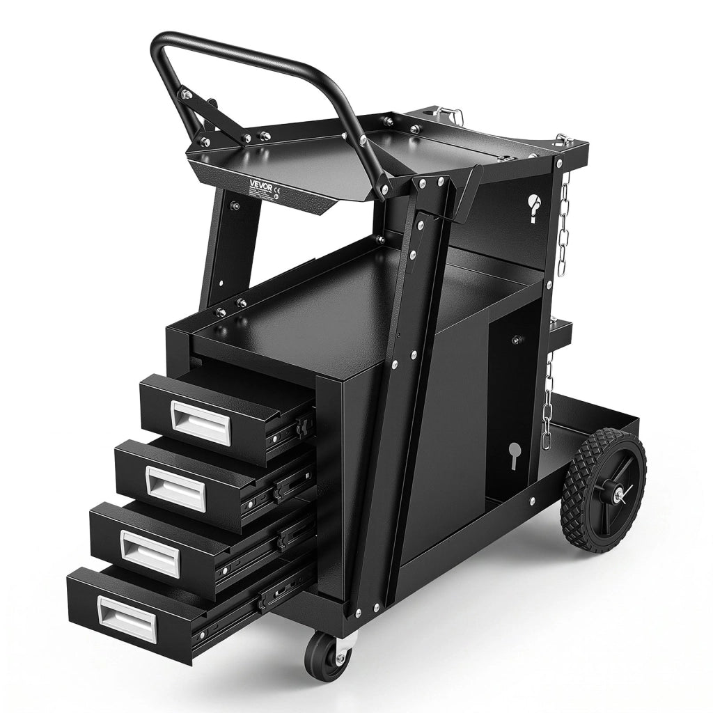 Carrello per saldatura a 2 ripiani con 4 cassetti per saldatrice, portabombole di gas con catene di sicurezza, carico 120 kg, per officina e fai da te