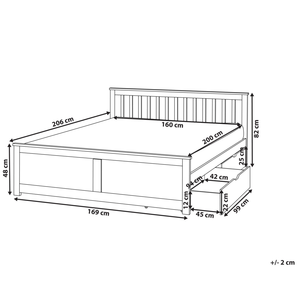 Letto matrimoniale in legno di Pino marrone con contenitore e 2 cassetti 160 x 200 cm Testiera a doghe minimalista