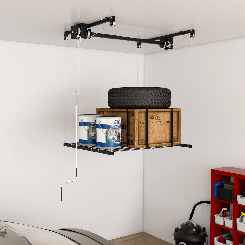 Scaffale da soffitto con manovella in acciaio nero piattaforma 120 × 120 cm portata 113 kg per garage alti 3-3.6 m