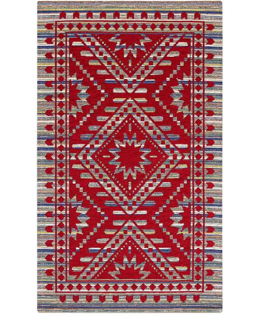 Tappeto passatoia KENYA ROSSO salotto soggiorno camera, disegno kilim etnico africano, multiuso lavabile antiscivolo cm.65x220 corsia