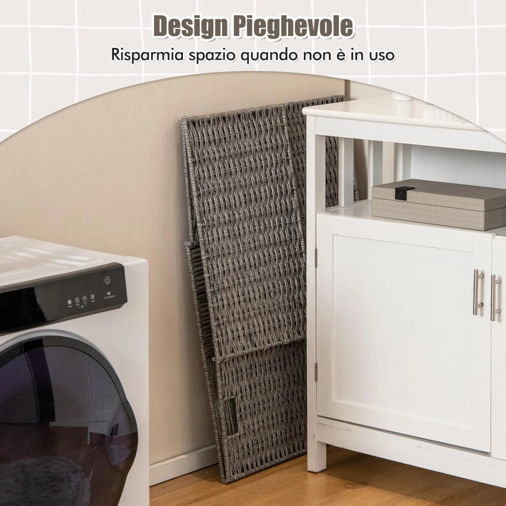 110 L Cesto Portabiancheria con Coperchio, Cesto per Bucato in Rattan con Comode Maniglie e Sacchetto Interno Rimovibile, per Camera da Letto Lavanderia Bagno, 27 x 33 x 62 cm