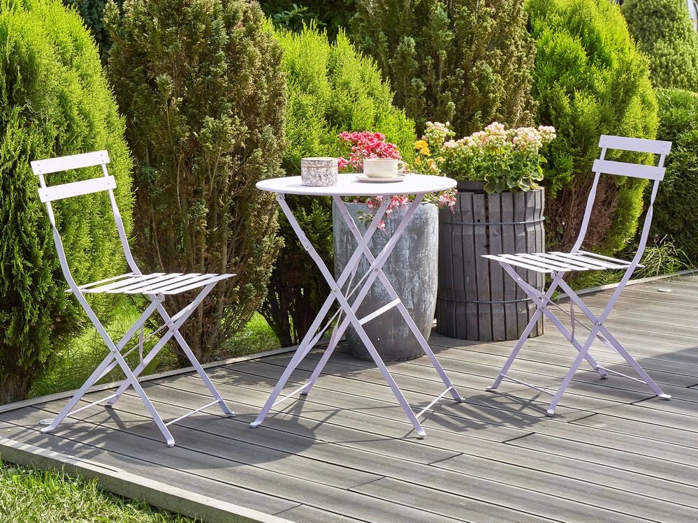 Set da Esterno 3 pezzi Tavolino e 2 Sedile Pieghevoli in Metallo violetto