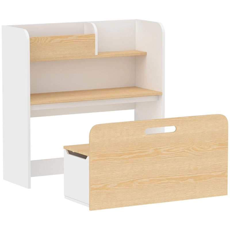 Tavolo bambini con panca 5-in-1, gruppo sedute con libreria, panca baule rotante con scatola portaoggetti, per 3-8 anni