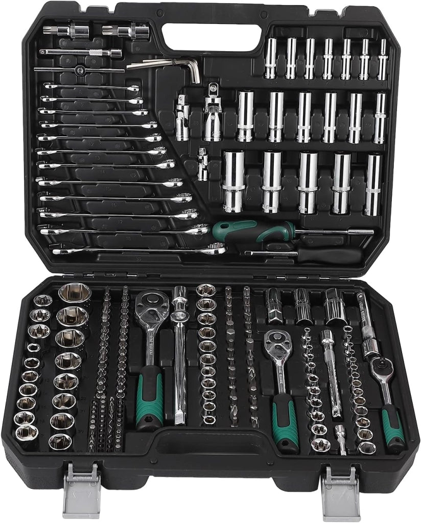 Set attrezzi meccanico 216 pz - Bussole 1/4"; 3/8" e 1/2" + cricchetto sgancio rapido 72 denti - Ripar. auto/casa - Valigetta robusta incl.