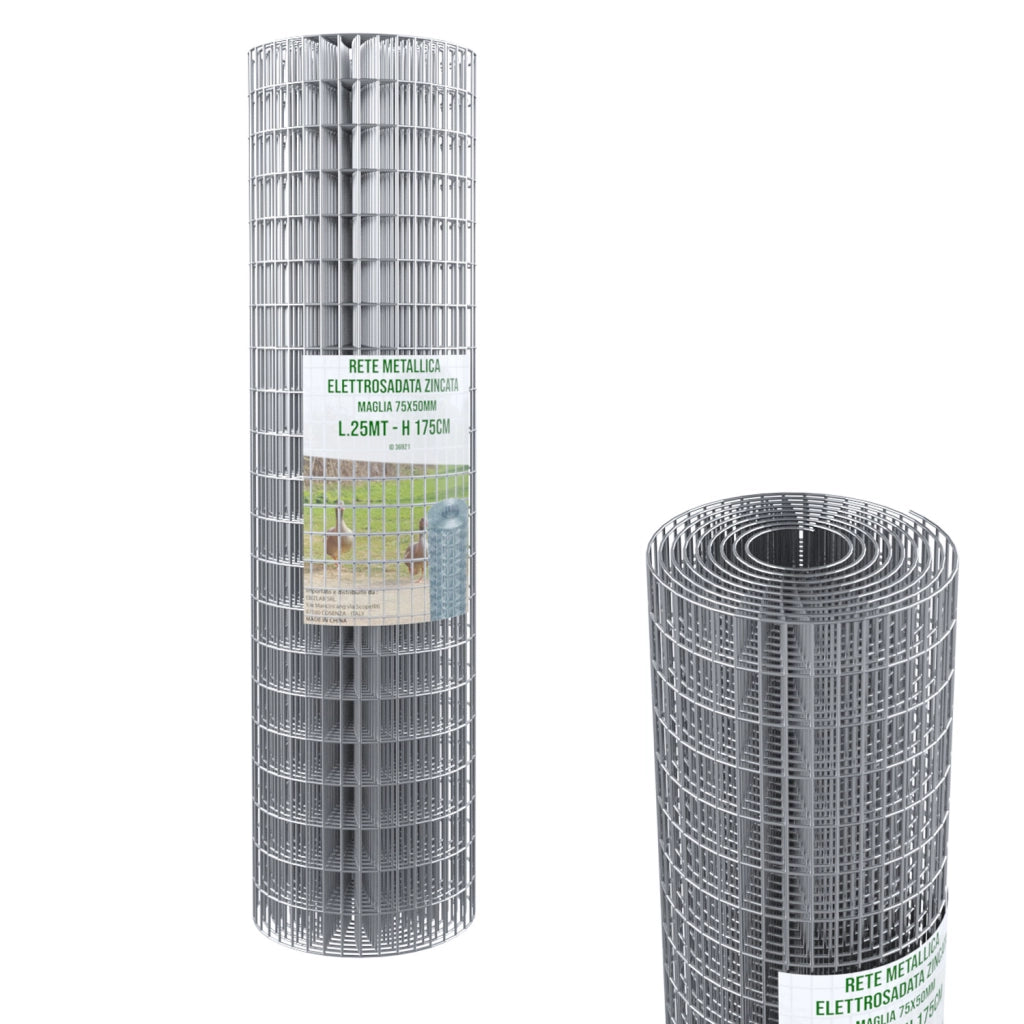 Rotolo Rete Metallica Per Recinzioni 25 M Zincata Elettrosaldata Rigida Maglia 75 x 50 mm Per Giardino Orto Piante Spazi Esterni (175 Cm)