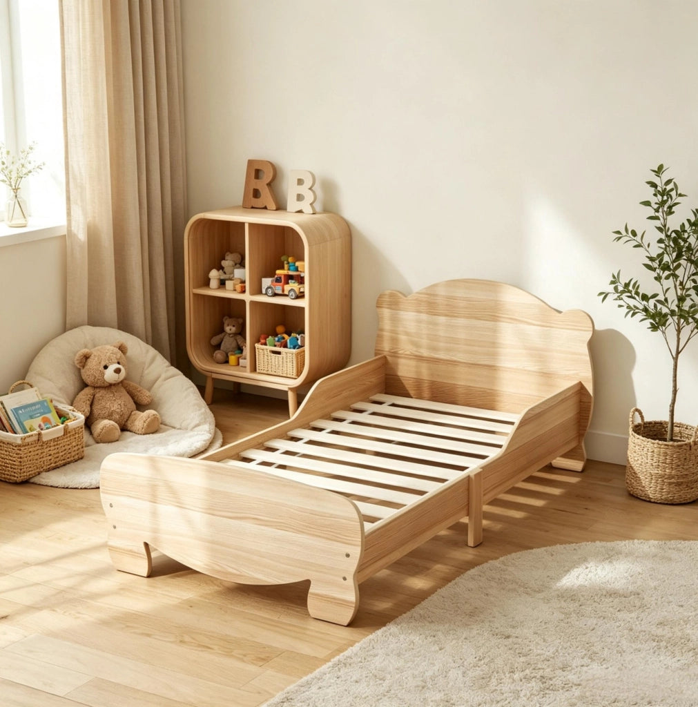 Lettino per bambini 70x140 cm in MDF legno naturale con sponde di sicurezza, design orso, adatto 3-6 anni
