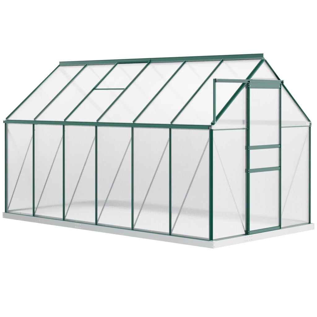 Serra da Giardino in Policarbonato 190x375x199cm, con Finestra Apribile e Porta Scorrevole, Struttura in Alluminio, Verde