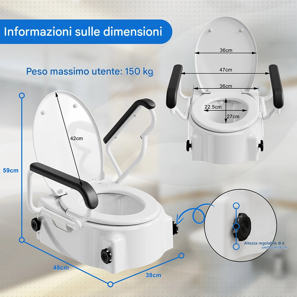 Rialzo per Sedile WC Braccioli Maniglie Assistite Copriwater Disabili e Anziani
