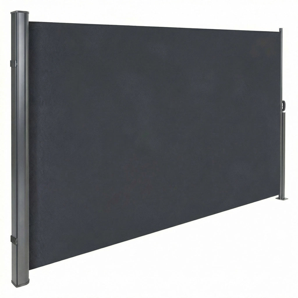 Tenda laterale 300x180H cm. Separè frangivento con sistema di riavvolgimento automatico. Telaio in Alluminio. Colore Grigio antracite.