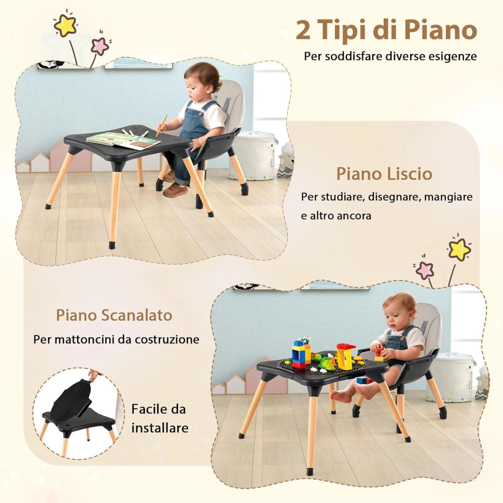 6-in-1 Seggiolone per Neonati, Seggiolone Prima Pappa, Tavolo e Sedia Convertibile per Bambini, Imbracatura di Sicurezza, Vassoio Rimovibile, per Bambini 6-36 Mesi (Grigio+Nero)