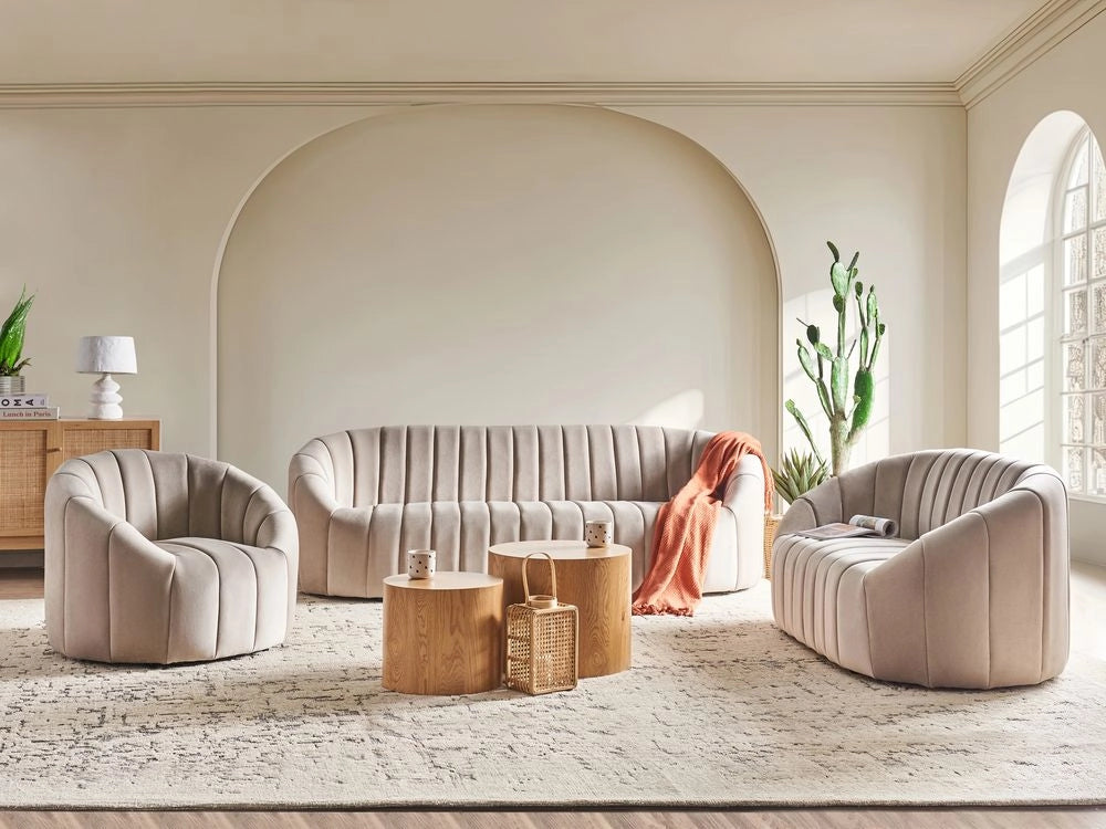 Set da salotto 6 posti in velluto con sedili imbottiti beige Soggiorno contemporaneo Design retrò Seduta imbottita