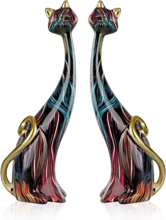 Due pezzi di scultura in resina artistica di gatto, dipinto ad olio, sculture di gatto per casa, ufficio, hotel, libreria, decorazione da tavolo 24,5 cm (Black KY146)