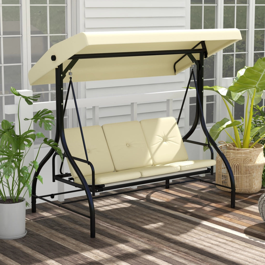 Dondolo da Giardino 3 Posti con Tettuccio Regolabile ¨C Minimal ¨C Tessuto Beige e Metallo Nero
