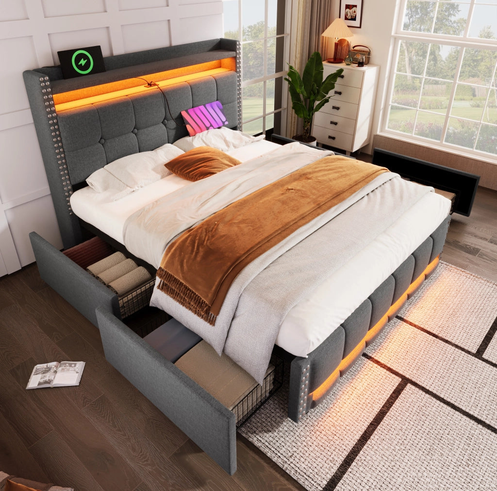 Letto imbottito 160 x 200 cm grigio con LED, USB e cassetti