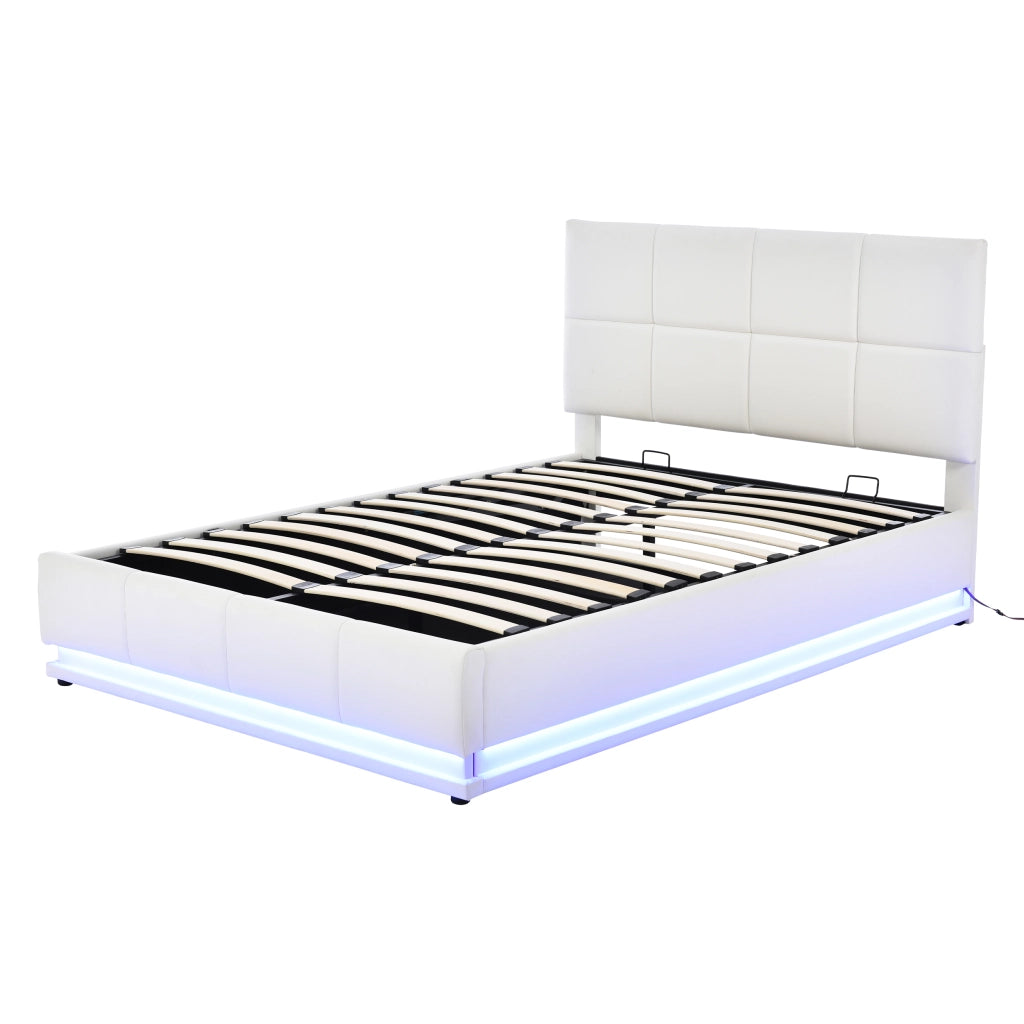 Letto doppio imbottito 140x200cm con luce LED e riporto sotto il letto bianco